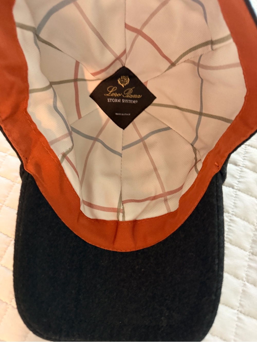 Loro Piana Black Wool Cap with Orange Trim and Plaid Lining